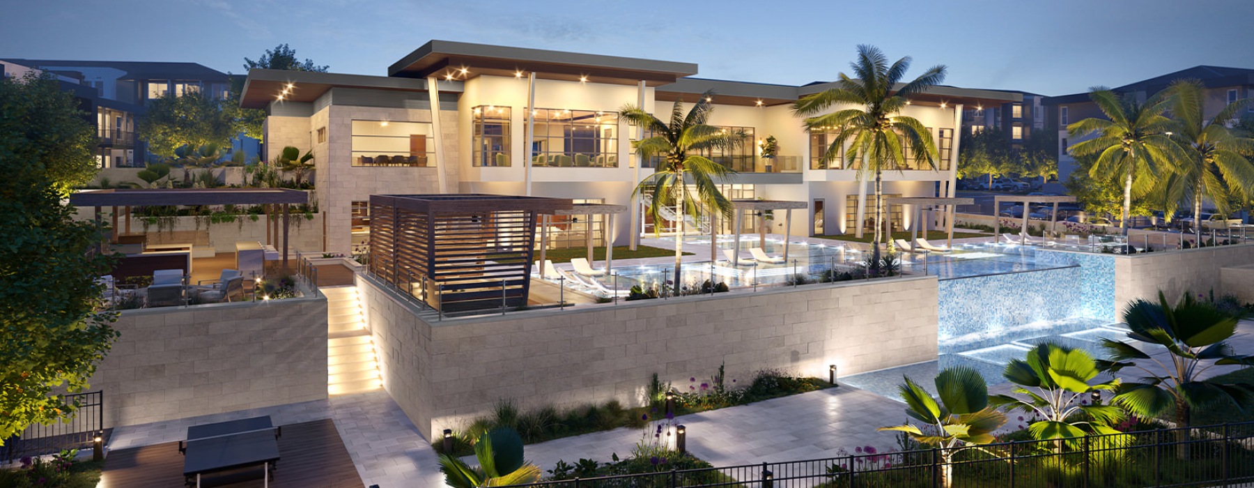 External rendering of the clubhouse and the pool in San Antonio luxury apartments